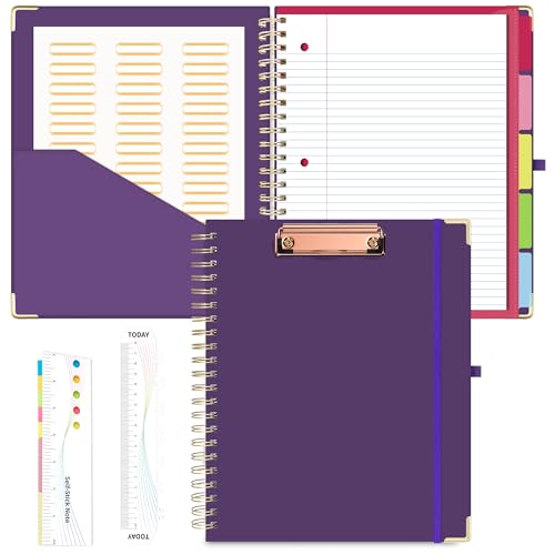 EYROZILL Spiral Notebook Clipboard with Removable Dividers Tabs, 5 Subject Notebook College Ruled, 8.5"x11" Hardcover Lined Journals with 12 Storage Pockets School Office Work Supplies