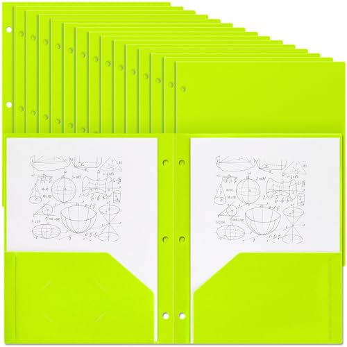 Yeaqee 50 Pcs Plastic Folders with Pockets Bulk 3 Hole Punched 2 Pocket File Folders for 3 Ring Binder Divider Folder for Notebooks, Durable Poly for Office Home (Fluorescent Green) - color: Fluorescent Green