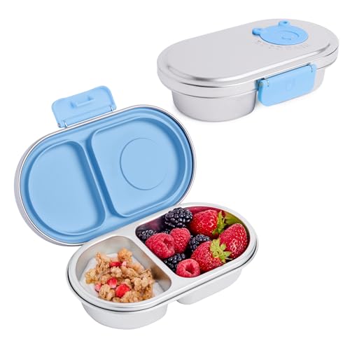 Good Bare Stainless Steel Snack Container for Kids | 2-Compartment Metal Bento Box | Removable Silicone Seal, BPA-Free | Leak-Resistant, Dishwasher Safe | Updated Easy-Open Latch - color: Sky Blue