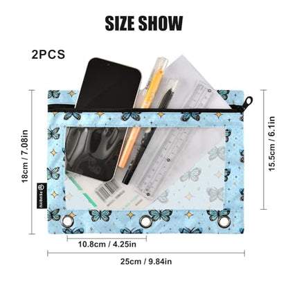 Pencil Pouch for 3 Ring Binder Blue Butterfly Star Clear Window Stationery Bag Pencil Case 2 Pack for Office School Supplies - color: Blue Butterfly