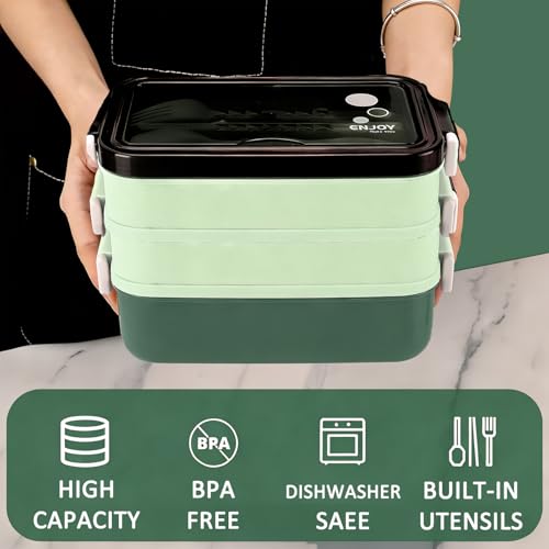 3-Tier Lunch Box for Women, Adult Lunch Box with Insulated Lunch Bag | 60 fl oz Large Capacity Bento Box with BPA-Free Utensils & Sauce Container, Leakproof, Microwave Safe for Work & Meal Prep - color: Green(3-Tiers)