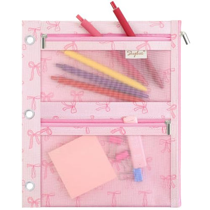 SKYDUE 3 Ring Pencil Pouch for Binder, Zipper Binder Pencil Pouch with 3 Pockets and Mesh Window, Durable Organizer for School Supplies, Cables, Earbuds, Makeup - color: Pinkbow