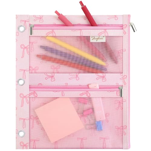SKYDUE 3 Ring Pencil Pouch for Binder, Zipper Binder Pencil Pouch with 3 Pockets and Mesh Window, Durable Organizer for School Supplies, Cables, Earbuds, Makeup - color: Pinkbow