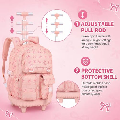 WZLVO 3PCS Rolling Backpack for Girls, Water Resistance Roller Bookbag, Women Aesthetic Wheeled School Bag Set with Lunch Box & Pencil Bag for Teens & Kids - Pink Bow - color: 3pcs Girls Rolling Backpack - Pink Bow