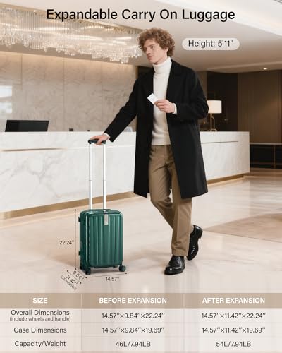 Hanke 20 Inch Expandable Carry On Luggage Airline Approved Top Opening Hard Shell Suitcases with Wheels Lightweight Travel Luggage Carry On Suitcase for Woman Men-Blackish Green - color: Blackish Green, size: 20 Inch Expandable