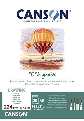 Canson C à Grain A5 224g White Drawing & Sketching Paper Pad, 30 Sheets, Fine Grain Texture, Glued on Short Side, Ideal for Professional Artists - size: A5, style: 224gsm