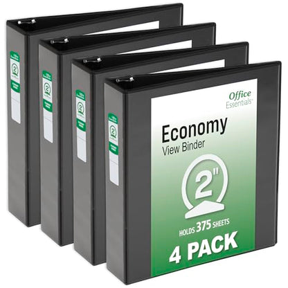 Office Essentials Economy View 3 Ring Binders, 2" Round Rings, 2.8" Spine, 375-Sheet Capacity, Black Binders (4-Pack of 03147) - size: 2"