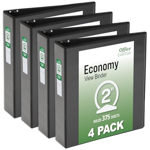 Office Essentials Economy View 3 Ring Binders, 2" Round Rings, 2.8" Spine, 375-Sheet Capacity, Black Binders (4-Pack of 03147) - size: 2"