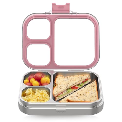 HOMEKOL Stainless Steel Bento Lunch Box, Pink, 3.3Cups | 3-Compartment,Leak-Proof, for Kids & Adults, BPA-Free, Dishwasher Safe, Clear Tritan Lid, 800ml (Not Insulated) - color: Pink, size: 27oz (800ml)