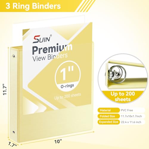 SUIN 1 Inch 3 Ring Binder, Clear 1'' View Presentation Binders with 2 Pockets, Fits 8.5 x 11 Letter Size, Durable Polypropylene, Non-Stick & PVC-Free for School, Office & Home (Brushed Yellow) - color: Brushed Yellow