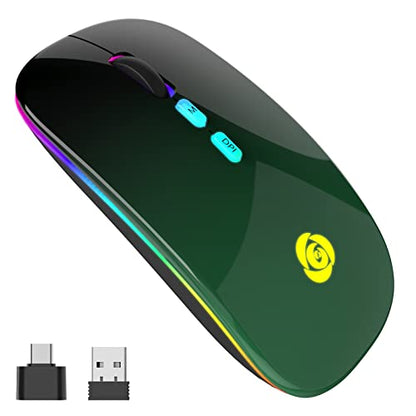 LED Wireless Mouse, Bluetooth Mouse &2.4GHz Instant Connection,Rechargeable Ultra Silent Slim,3 DPI 2 Connection Modes with USB-C to USB Adapter for Laptop/MacBook/PC/Tablet/iPad (Black-green) | Bluetooth mouse with 2.4GHz USB receiver, silent slim design