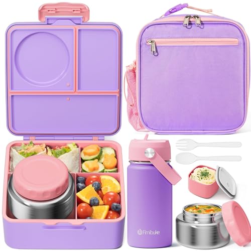 Fimibuke Bento Box for Kids Adult - Leakproof 3-4 Compartments Lunch Bento Box Set with Insulated Food Jar, Water Bottle, Lunch Bag, Sauce Cup & Cutlery for Toddler Teen Shcool Girl Boy Age 3+ - color: A5.Purple & Pink