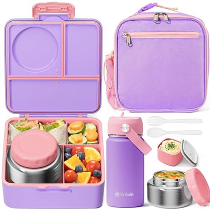Fimibuke Bento Box for Kids Adult - Leakproof 3-4 Compartments Lunch Bento Box Set with Insulated Food Jar, Water Bottle, Lunch Bag, Sauce Cup & Cutlery for Toddler Teen Shcool Girl Boy Age 3+ - color: A5.Purple & Pink
