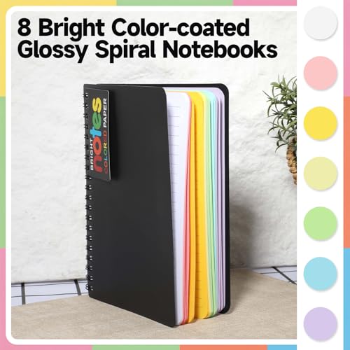 8 Pack 5 x 7 Inch Spiral Notebook, 100 Sheets/200 Pages Spiral Journals Note Books with Durable Poly Cover, 7 Bright Neon Colored Lined Paper Memo Pads Journaling Notebook for School, Office