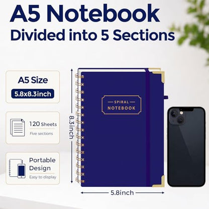 Koogel 5.8x8.3 Inch Subject Spiral Notebook with Tabs, 5 Subject A5 Notebook Blue Wide Ruled Journals with Dividers for Women Gift Office School