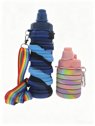 Collapsible Water Bottles Silicone Reusable Leakproof Travel Water Bottle 17.6oz With Mountaineering Buckle And Adjusting Rope For Sports Camping Hiking Cycling (Camouflage Pink And Camouflage Blue) - color: Camouflage Pink + Camouflage Blue