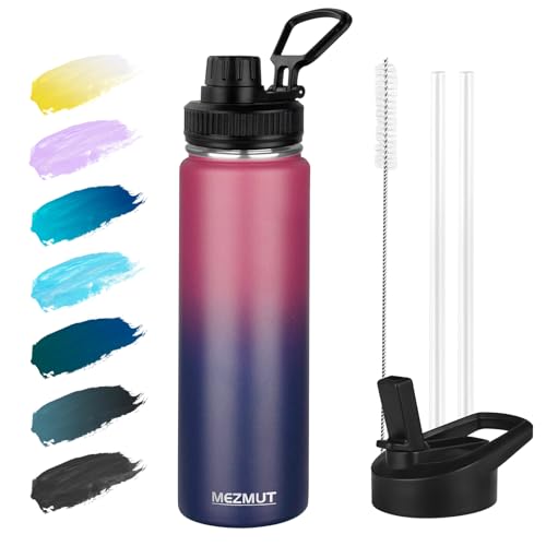 MEZMUT 24oz Stainless Steel Metal Sports Insulated Water Bottle (Red/Blue） | Leak-Proof Reusable Travel Cup for Man, Double Wall Vacuum Cold Water Bottle with Straw and 2 Lids for Hiking, Camping, Gym - color: Red Blue, size: 24 Ounces