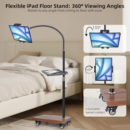 Rolling Tablet Holder Stand Adjustable Height & 360° Rotatable | 6.6LB Wood Base Mobile Tablet Mount, for Bed, Couch, Workout, Compatible with iPad Pro/Air/Mini, Phone (4.7-13")