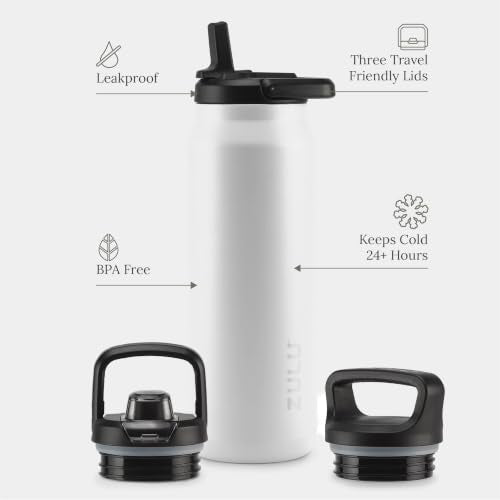 ZULU Base 40oz Stainless Steel Water Bottle with 3 Lids- Straw, Chug, Twist | Double Walled and Vacuum Insulated Metal Thermos | For Gym, Outdoor | Built in Carry Loop, Dishwasher Safe, White - color: White, style: 40oz