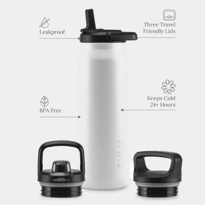 ZULU Base 40oz Stainless Steel Water Bottle with 3 Lids- Straw, Chug, Twist | Double Walled and Vacuum Insulated Metal Thermos | For Gym, Outdoor | Built in Carry Loop, Dishwasher Safe, White - color: White, style: 40oz