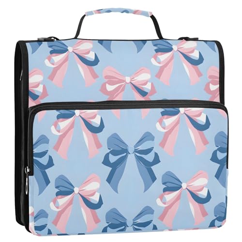 3 Ring Zipper Binder with Shoulder Strap Pink Bow Blue Pattern 1.5 inch Binders Keeper Large Capacity Multi Pockets for School Office Supplies - color: Multi475, size: Fit 500 Sheets