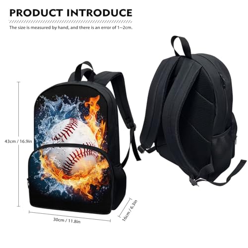 Horeset Baseball Flame Water Backpack for School Boys 3 Pack Casual Bookbags & Water Bottle Sling Bag & Picnic Lunch Bag Primary Middle School Rucksack with Breathable Padded Shoulder Straps - color: Baseball Flame Water