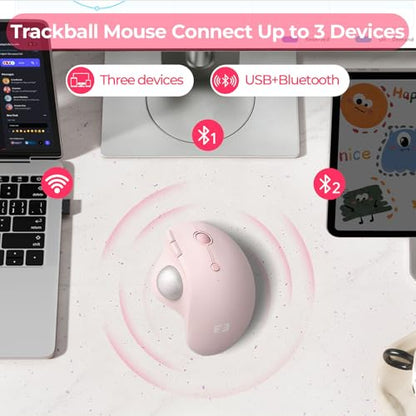 seenda Wireless Trackball Mouse, Ergonomic Bluetooth Rollerball Mouse Rechargeable, 3 Device Connection Optical Mice Adjustable DPI Thumb Control Mice Compatible for PC/Laptop/Windows/Mac - Rose Pink - color: Rose Pink