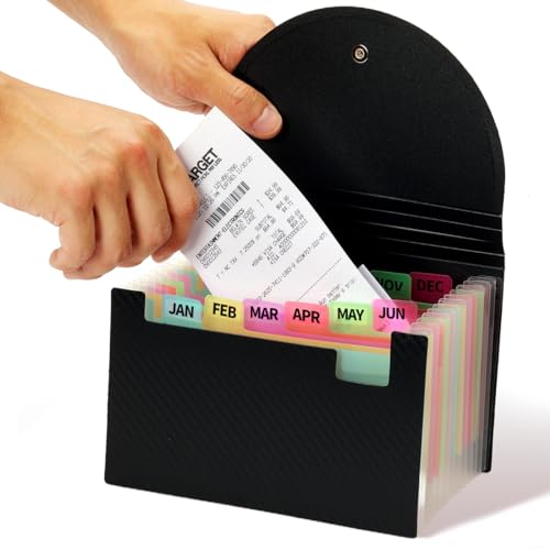 H4D Coupon Receipt Holder, 13 Pocket Accordion File Folder, 7 x 4.5, Black | Polypropylene Plastic, Elastic Button Loop, 6" Expansion, A-Z, Monthly and Blank Tab Labels, Colored Pockets - color: Black