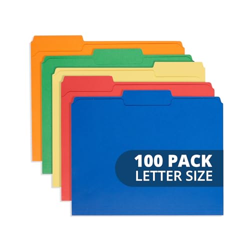 Blue Summit Supplies 100 File Folders, Letter, Assorted Colors, 1/3 Cut Tab | Blue, red, green, yellow and orange, durable 11pt paper, reinforced 1/3 cut tabs, color coded office filing - color: Assorted