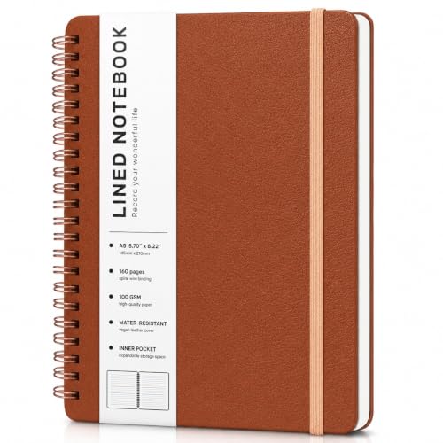 Lined Spiral Notebook for Women, A5 College Ruled Leather Spiral Journals | 160 Pages Small Journaling Notebooks, 5.7"x11" Note Book for Writing, Work, School, Men, Hardcover Leather Journals, Brown - color: Brown, size: A5
