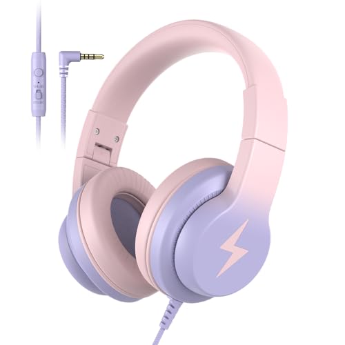 Candy Bila Kids Headphones, Wired Headphones for Kids Over Ear with Microphone, 85/94dB Volume Limiter Headphone for Girls Boys, Foldable Headphone for Learning & Entertainment, Gradient Pink - color: Gradient Pink