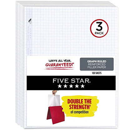 Five Star Loose Leaf Paper, Notebook Paper, Graph Paper, Reinforced Filler Paper, Fights Ink Bleed, 8.5 x 11, 100 Sheets/pack (3 count) - size: 3 Pack, style: 100 Sheets