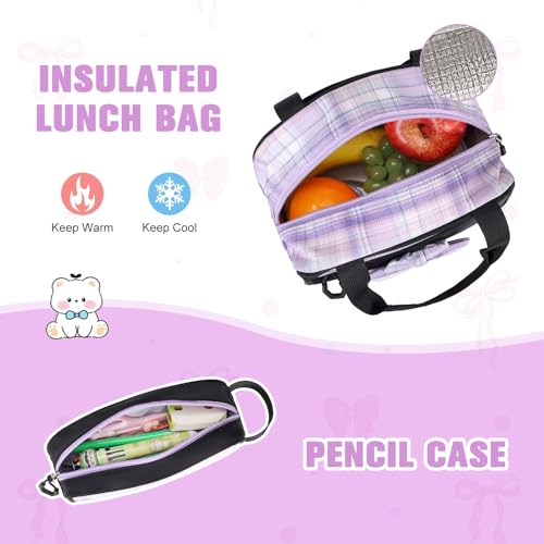 Bevalsa Backpack for Girls, Bow Bookpack with Bento Lunch Box, Insulated Bag & Utensils, 34oz Lunch Containers School Bags Set for Children Teens Kids Elementary Middle school Student (Black Purple) - color: Black Purple