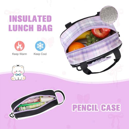 Bevalsa Backpack for Girls, Bow Bookpack with Bento Lunch Box, Insulated Bag & Utensils, 34oz Lunch Containers School Bags Set for Children Teens Kids Elementary Middle school Student (Black Purple) - color: Black Purple