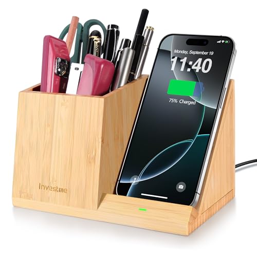 3-in-1 Bamboo Wireless Charger with Desk Organizer, Bamboo Pen Holder for Desk, 15W Fast Wireless Charger with Pen Holder for Home Office Supplies, Compatible with iPhone and Samsung - color: Bamboo