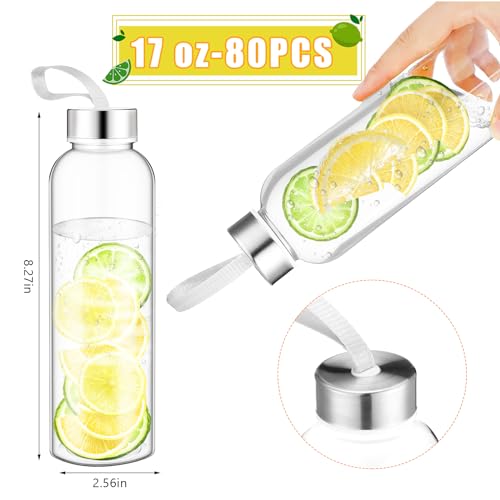 Zubebe 80 Pcs 17 oz Clear Water Bottles Bulk Reusable Juice Bottles with Stainless Steel Leak Proof Lids Nylon Carrying Strap Plastic Shaker Summer Party Favors for Milk, Smoothie, Juice Beverage