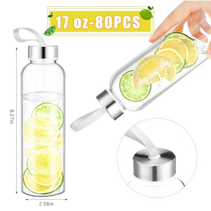 Zubebe 80 Pcs 17 oz Clear Water Bottles Bulk Reusable Juice Bottles with Stainless Steel Leak Proof Lids Nylon Carrying Strap Plastic Shaker Summer Party Favors for Milk, Smoothie, Juice Beverage