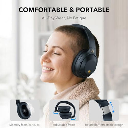 Bluetooth 6.0 Active Noise Cancelling Headphones for Airplane Travel, LDAC Hi-Res Audio, 90H Playtime Wired and Wireless ANC Headphones, Over Ear Headset for Home Office, Custom EQ via APP, Blue - color: Blue