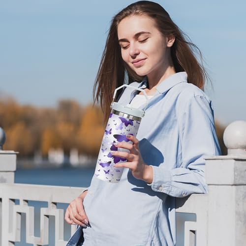 Queen Hero 30oz Butterfly Tumbler with Handle,Large Insulated Tumbler with Flip & Straw Coffee Mug Cup Stainless Steel Gifts for Women Men Youth - color: Purple white