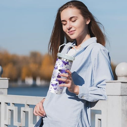 Queen Hero 30oz Butterfly Tumbler with Handle,Large Insulated Tumbler with Flip & Straw Coffee Mug Cup Stainless Steel Gifts for Women Men Youth - color: Purple white