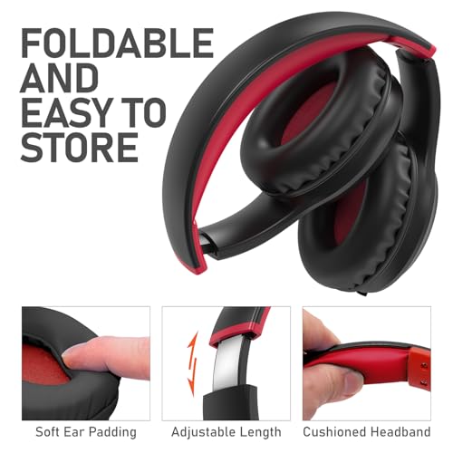 FosPower Kids Headphones with 3.5mm Laced Cables, Children & Teens Over The Ear Foldable Adjustable Headset w/Built-in Mic for Smartphones/PC/Tablet/Laptop/School (Max Volume 85dB) - Black/Red - color: 09 - Black/Red