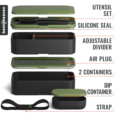 Bentoheaven Bento Box Adult, Stackable Lunch Box, 40 oz, Olive Garden | BPA-free, leakproof and microwave-safe with 2 compartments, utensils, chopsticks, divider and sauce cup for men and women. - color: Olive Garden