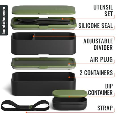 Bentoheaven Bento Box Adult, Stackable Lunch Box, 40 oz, Olive Garden | BPA-free, leakproof and microwave-safe with 2 compartments, utensils, chopsticks, divider and sauce cup for men and women. - color: Olive Garden