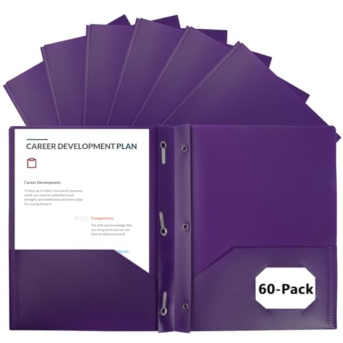 60-Pack Plastic Folders with Pockets and Prongs, 2-Pocket Poly Folders with 3 Fasteners Holds 8-1/2" x 11" Paper for School/Office/Home, Purple - color: Purple, size: 60-Pack