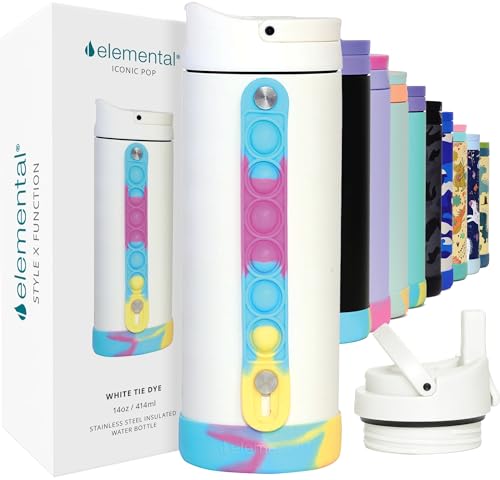 Elemental Iconic Kids Water Bottle for School - 100% Leak-Proof Insulated Water Bottles with Straw Lid & Pop-It Handle for Boys & Girls - Triple-Wall Insulated & BPA-Free, 14oz – White Tie Dye - color: White Tie Dye, size: 14 Ounces