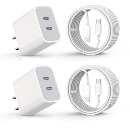 Fast Charger for iPhone 16,2Pack PD USB C iPhone Charger Dual USB C Port Charger Block with 10 Foot Long USBC to C Charger Cable Cord. Compatible with iPhone 16/16 Pro/15 Pro Max,iPad Pro/Air/Mini - size: 10FT