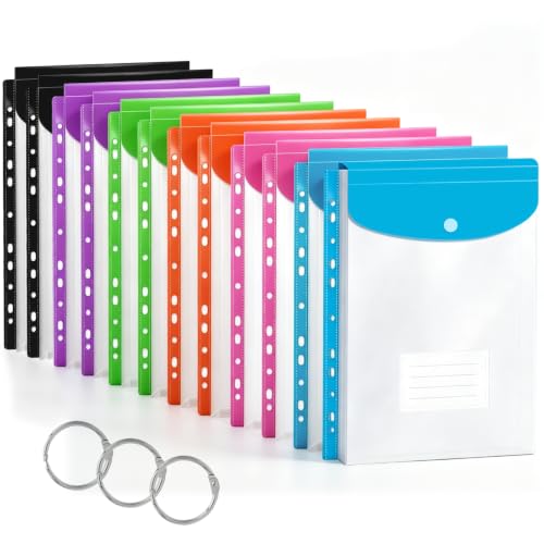 12 Pack Plastic Envelopes Binder Pocket 11 Holes Expandable Binder Folders for 2/3/4 Ring Document Pouch with Snap Button & Label Loose-Leaf Transparent for School Home Office (Vertical-Opening)