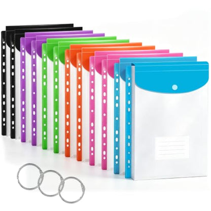 12 Pack Plastic Envelopes Binder Pocket 11 Holes Expandable Binder Folders for 2/3/4 Ring Document Pouch with Snap Button & Label Loose-Leaf Transparent for School Home Office (Vertical-Opening)