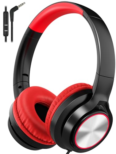 Voopwink Kids Headphones with Microphone, Wired Over Ear Headsets with Limited Volume 85dB/ 94dB for Boys Girls Teens Children Online School/Travel/iPad/Tablet/Cellphone - color: Red-Black, size: Plug 3.5mm