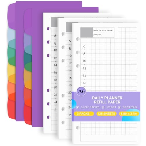 Antner A6 Daily Planner Refill Paper 6 Hole Planner Inserts for A6 6-Ring Refillable Binder, 135 Sheets/270 Pages Undated Day Loose Leaf Filler Paper with 12 PCS Binder Dividers for Daily Schedule - color: Daily Plan Paper